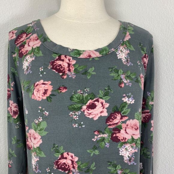 Rue 21 Gray Pink Rose Tunic Top XL Soft Long Sleeves Whimsy Fairy Goth Boho - Picture 2 of 10